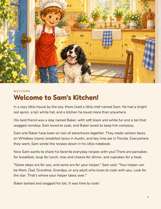 Page 5: Welcome to Sam's Kitchen, with Sam and Baker in the kitchen