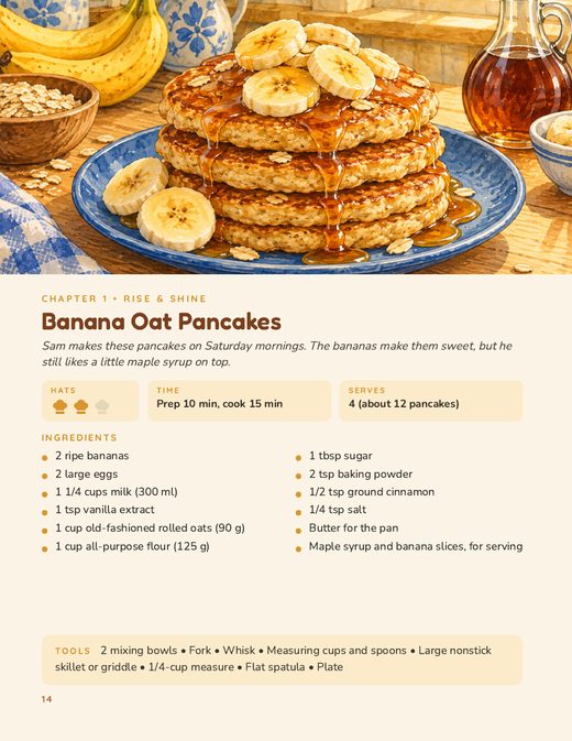 Page 14: Banana Oat Pancakes, with ingredients and tools