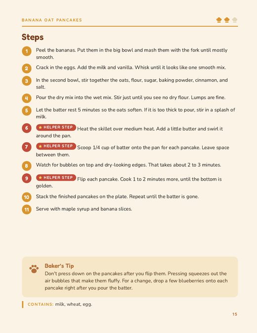 Page 15: Banana Oat Pancakes steps, with helper steps starred and Baker's Tip